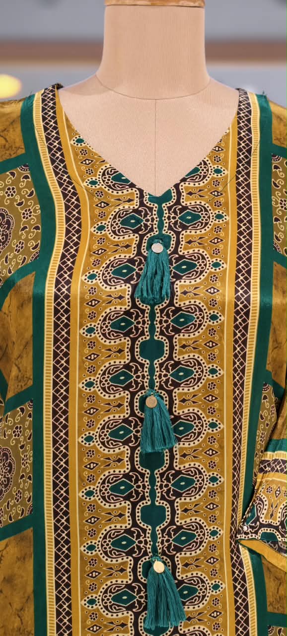 Mustard & Green Boxed Block Print Flowy Crepe Co-Ord Set- 15239