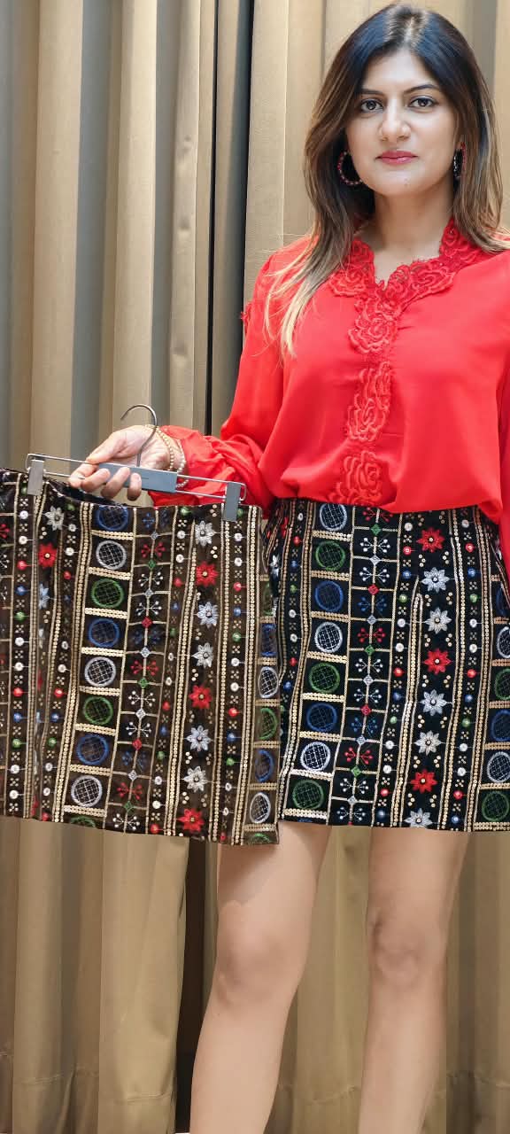 Multicolour Tribal Embroidered High-Waist Mini Skirt- 16204