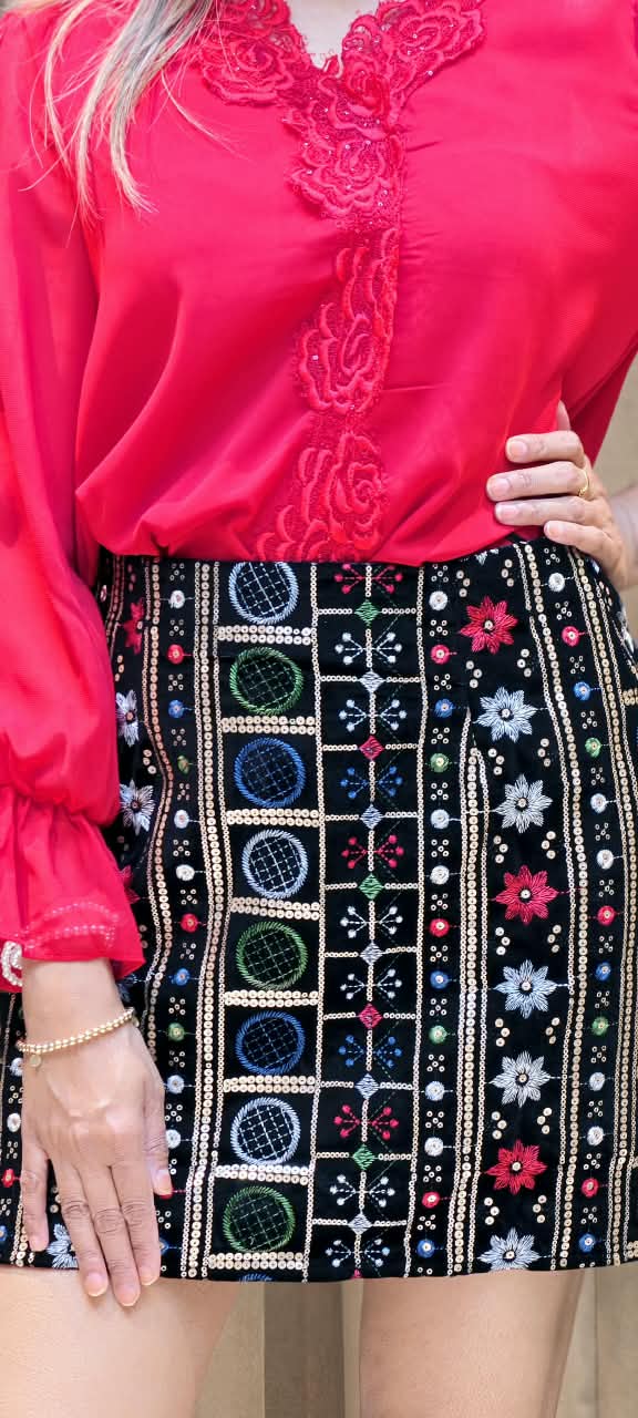Multicolour Tribal Embroidered High-Waist Mini Skirt- 16204