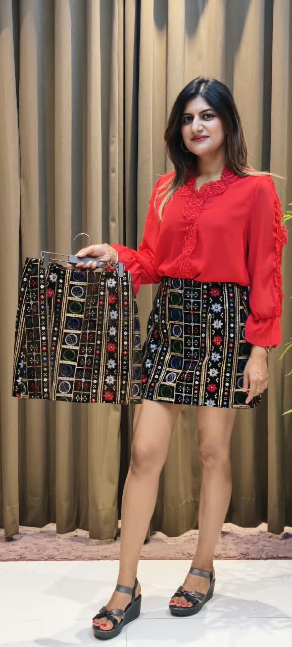 Multicolour Tribal Embroidered High-Waist Mini Skirt- 16204