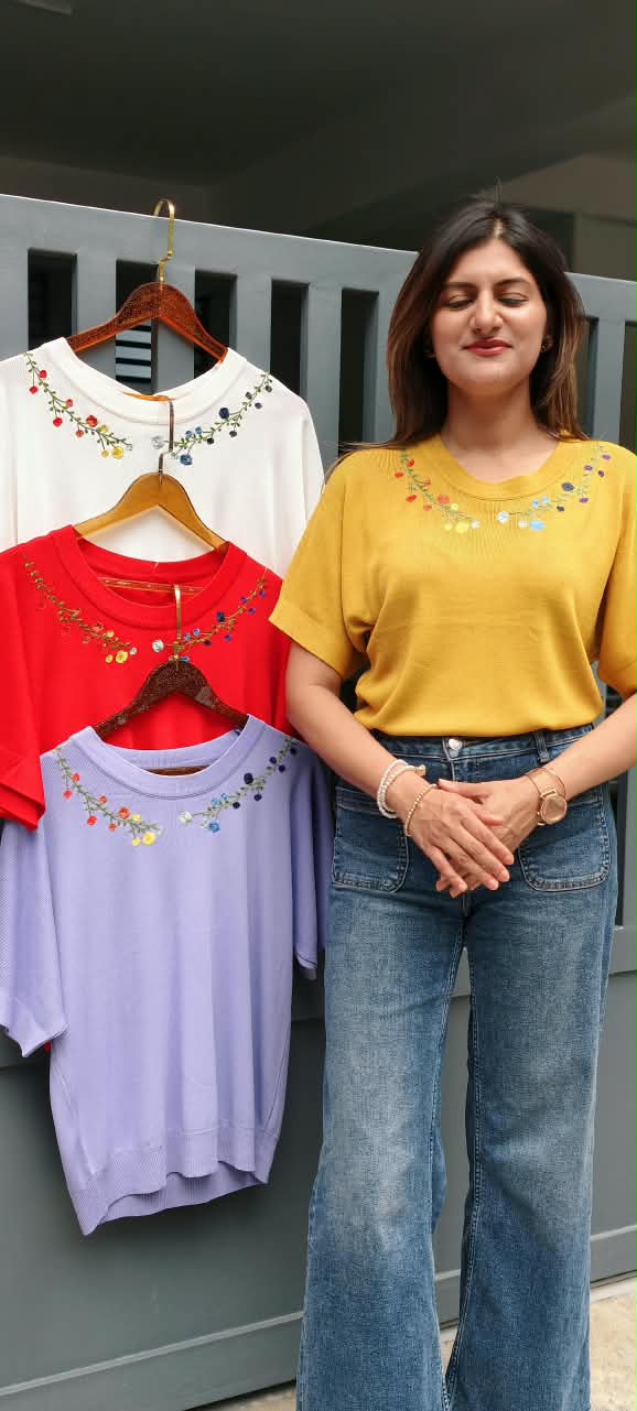 Cute Fine Floral Motifs Over Neck Stretchable Western Top- 16160