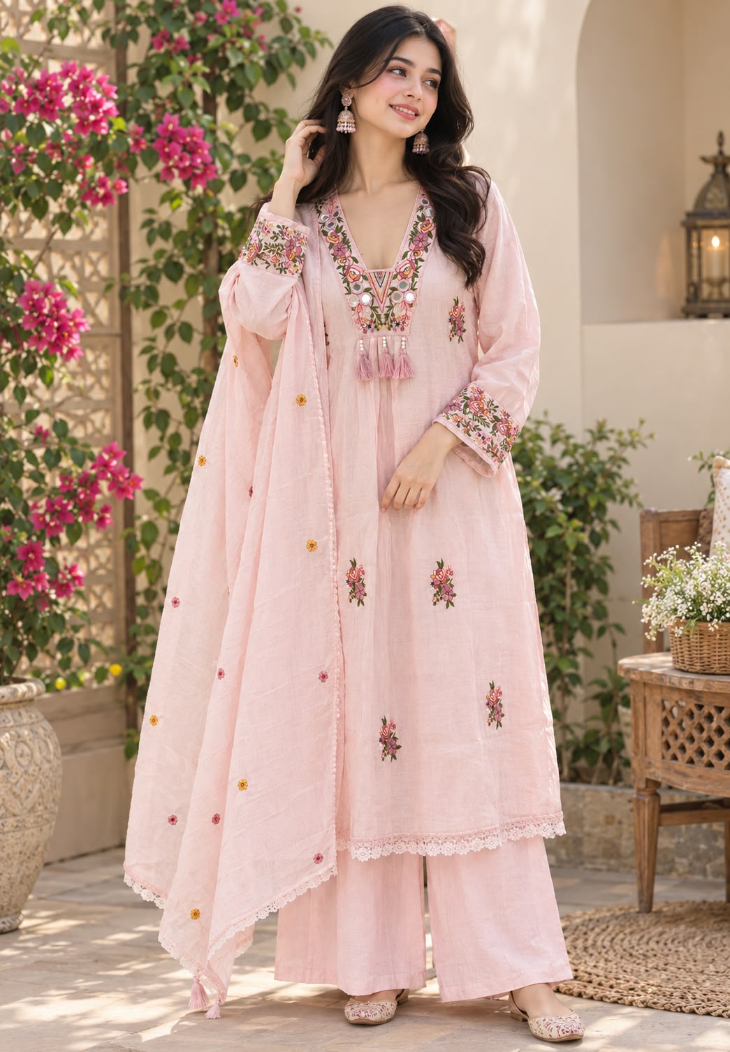 Floral Bouquet Chevron Embroidery Real Mirror Touch A-Line Surat Mul-Chanderi Full Suit Set With Dupatta- 15966