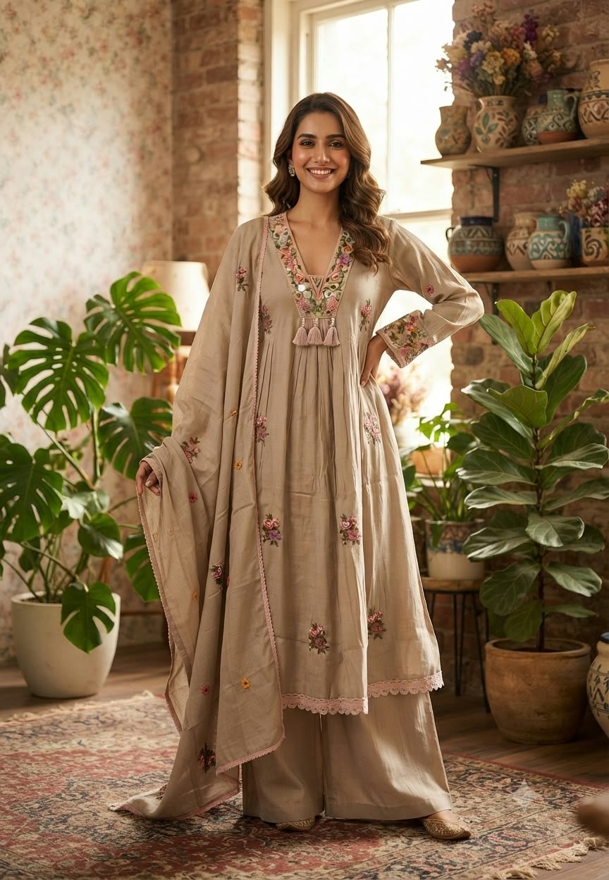 Floral Bouquet Chevron Embroidery Real Mirror Touch A-Line Surat Mul-Chanderi Full Suit Set With Dupatta- 15966