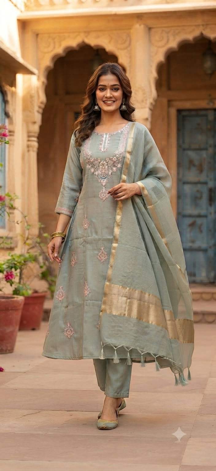 Pure Zarina Work Pastel Hue Surat Mul-Chanderi A-line Full Suit Set With Dupatta- 16408
