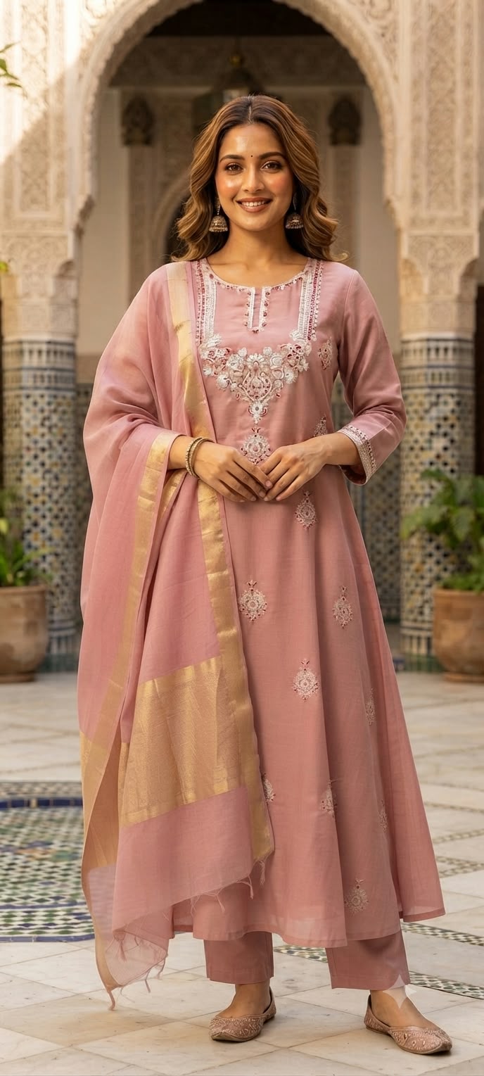 Pure Zarina Work Pastel Hue Surat Mul-Chanderi A-line Full Suit Set With Dupatta- 16408