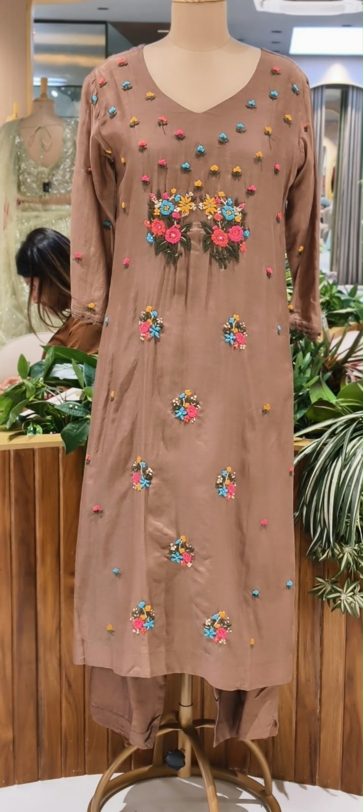 Cute Corchet Popped Floral Surat Mil-Chanderi Straight Full Suit Set With Dupatta- 16360