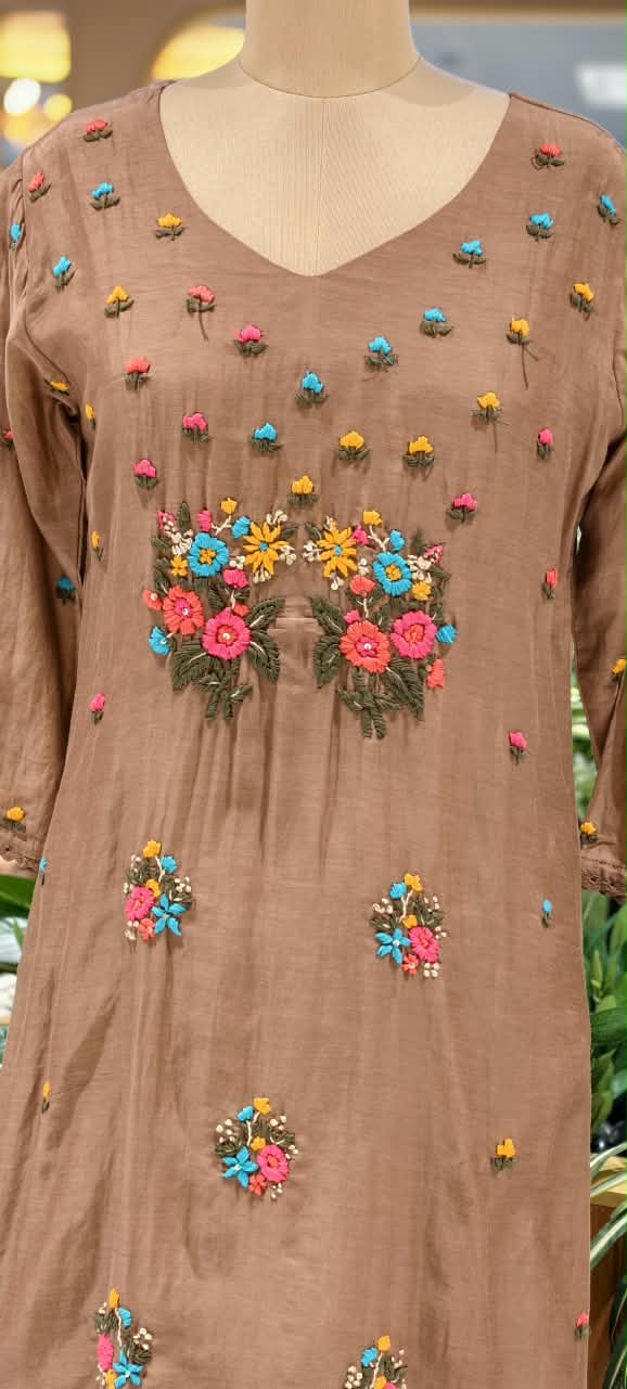 Cute Corchet Popped Floral Surat Mil-Chanderi Straight Full Suit Set With Dupatta- 16360
