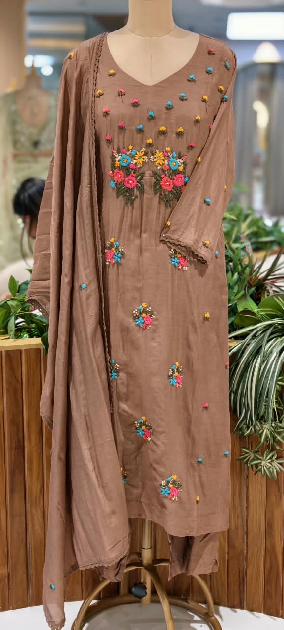 Cute Corchet Popped Floral Surat Mil-Chanderi Straight Full Suit Set With Dupatta- 16360