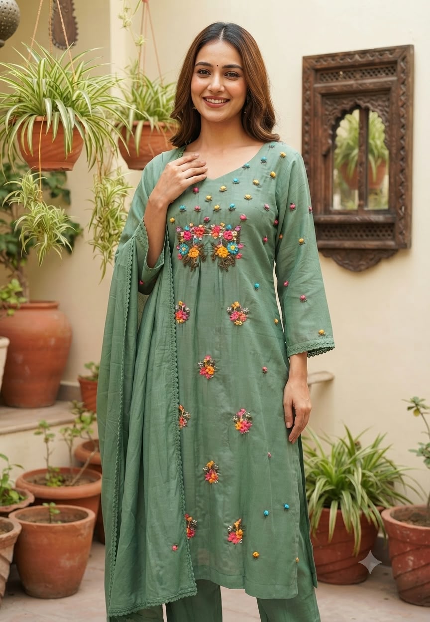 Cute Corchet Popped Floral Surat Mil-Chanderi Straight Full Suit Set With Dupatta- 16360