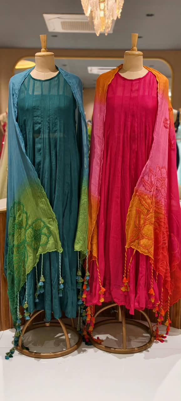 Pure Chanderi Vibrant Tone Ombre Shades Dangle Accent Matching Floral Patch Bustier With Outer Panel Gown Bottom & Dupatta - 16419