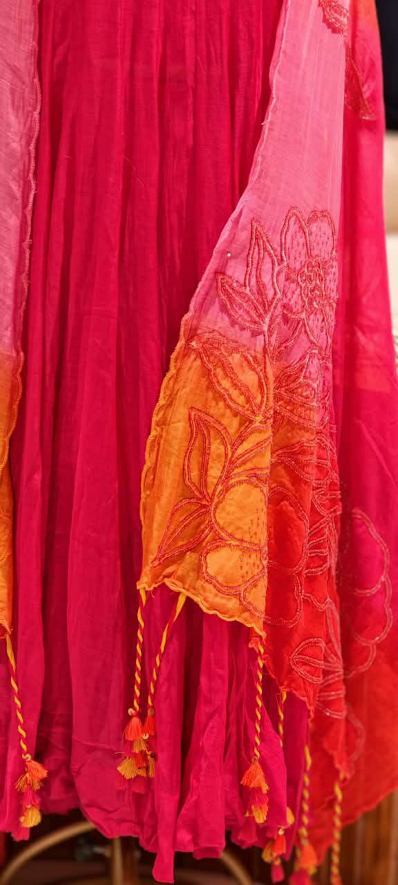Pure Chanderi Vibrant Tone Ombre Shades Dangle Accent Matching Floral Patch Bustier With Outer Panel Gown Bottom & Dupatta - 16419