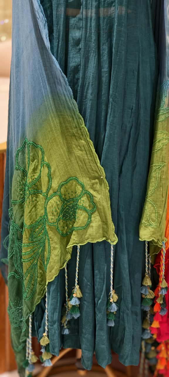 Pure Chanderi Vibrant Tone Ombre Shades Dangle Accent Matching Floral Patch Bustier With Outer Panel Gown Bottom & Dupatta - 16419