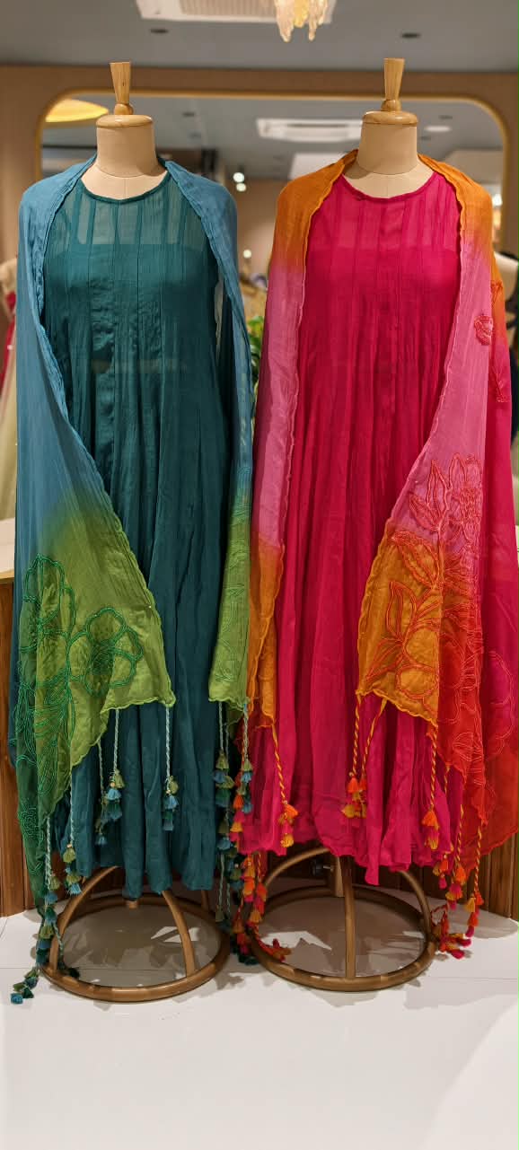 Pure Chanderi Vibrant Tone Ombre Shades Dangle Accent Matching Floral Patch Bustier With Outer Panel Gown Bottom & Dupatta - 16419
