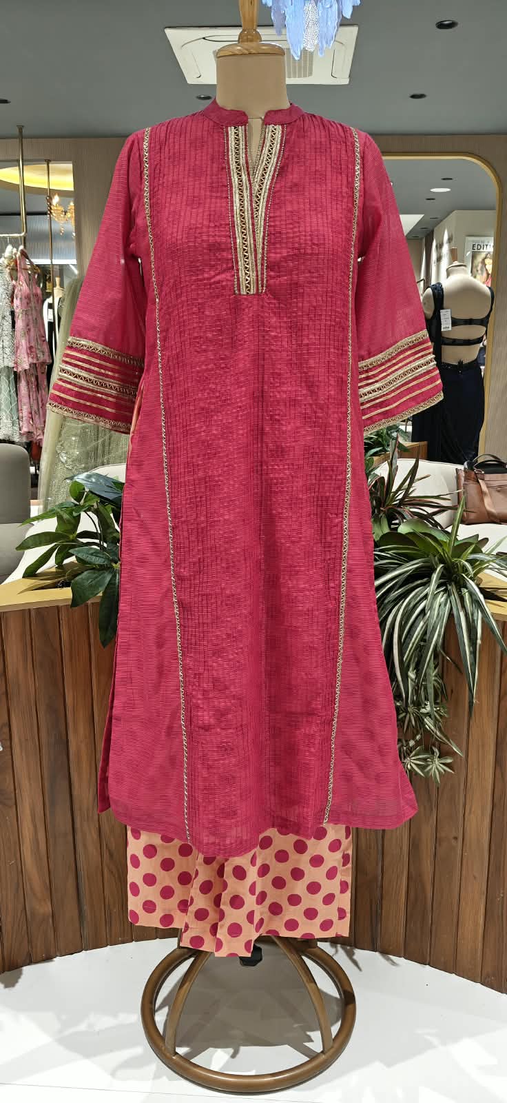Crush Kota Doria Fuschia Glow Golden Lace Touch Kurta With Polka Dotted Cotton Pant- 16496
