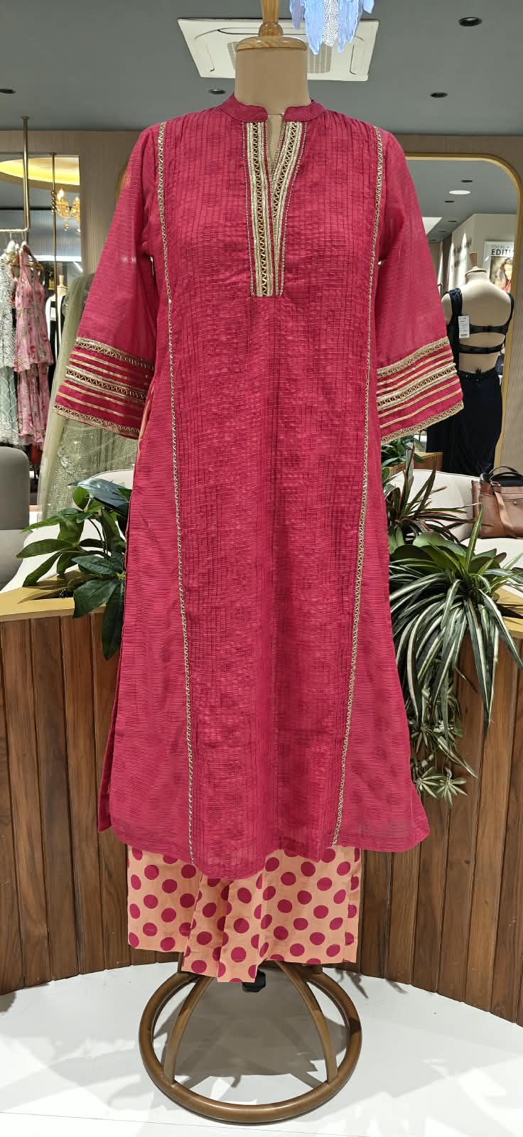 Crush Kota Doria Fuschia Glow Golden Lace Touch Kurta With Polka Dotted Cotton Pant- 16496