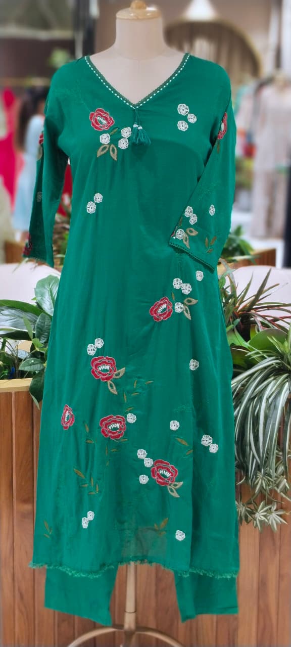 Floral Embroidery Side Slitted V-Neck Full Suit Set with Tassel Detailing & Matching Dupatta- 16522