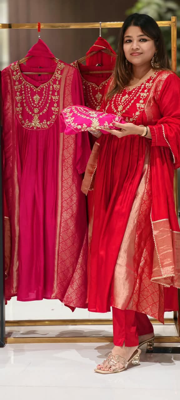 Golden Fine Embroidery U-Yoke Front Pleated Brocade Side Panels Anarkali Full Suit Set With Dupatta In Russian Silk Fabric-16510