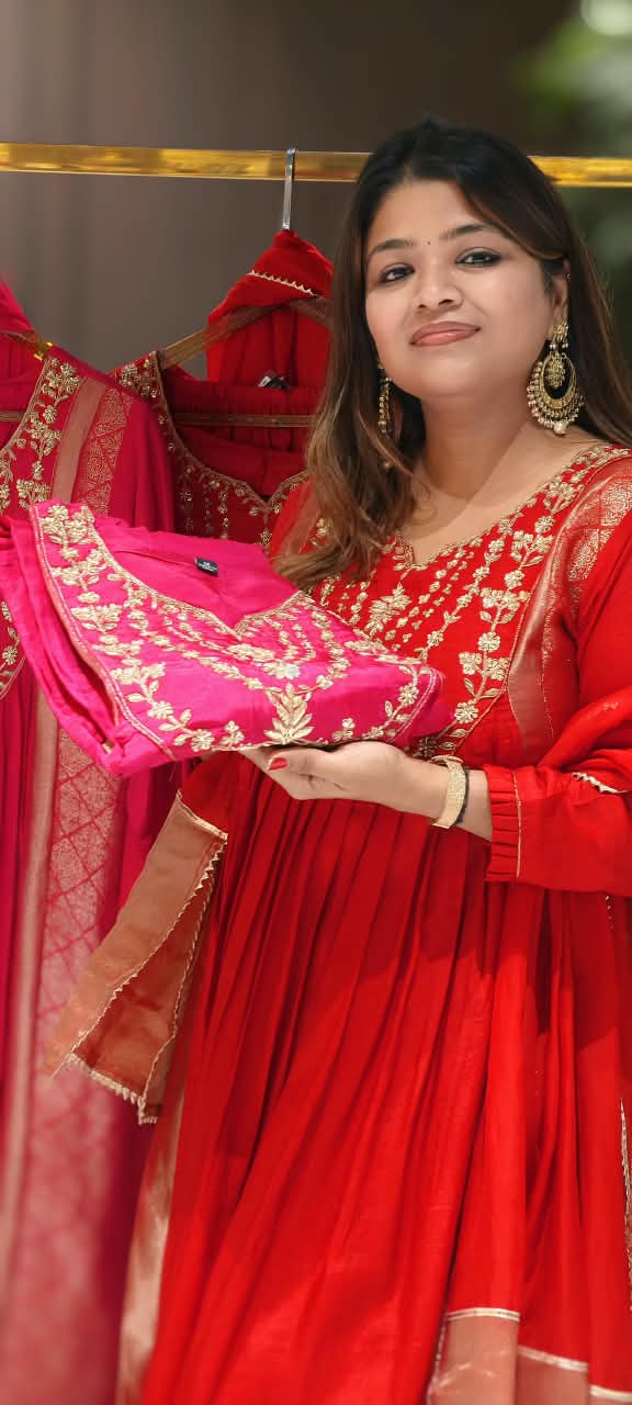 Golden Fine Embroidery U-Yoke Front Pleated Brocade Side Panels Anarkali Full Suit Set With Dupatta In Russian Silk Fabric-16510