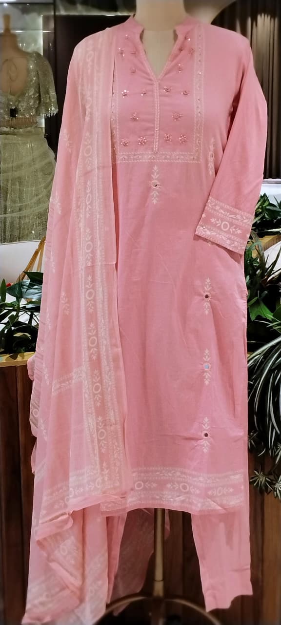 Bandhej Elegance Minor Intricate Embroidery Work Soft Cotton Straight Full Suit Set With Dupatta- 16520 Slightly Lean Fit