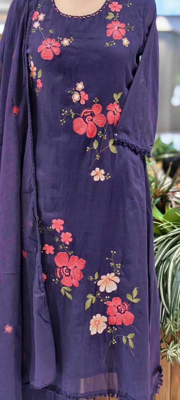 Pure Cotton Intricate Floral Embroidery Solid Shade A-Line Full Suit Set With Dupatta- 16519