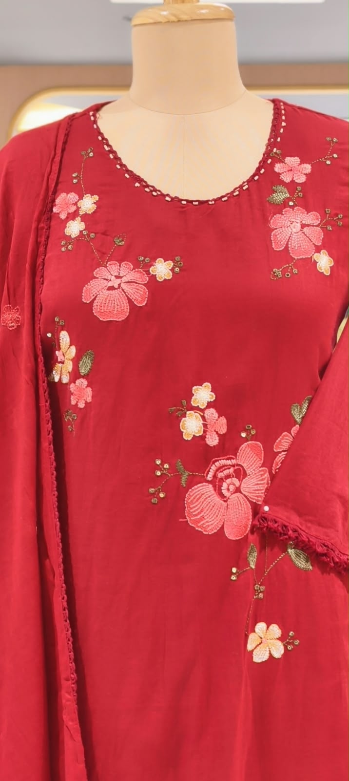 Pure Cotton Intricate Floral Embroidery Solid Shade A-Line Full Suit Set With Dupatta- 16519