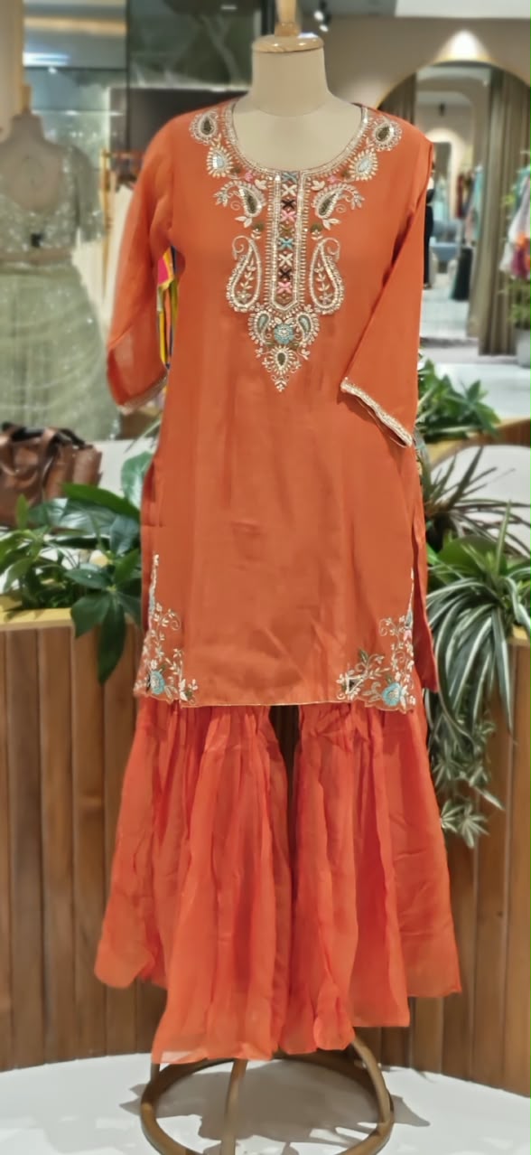Zardozi Placket Structured Mango Buti Embroidery Work Full Suit Set With Dupatta & Sharara Bottom- 16525