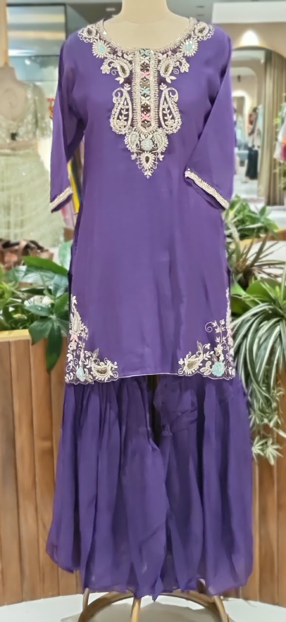 Zardozi Placket Structured Mango Buti Embroidery Work Full Suit Set With Dupatta & Sharara Bottom- 16525