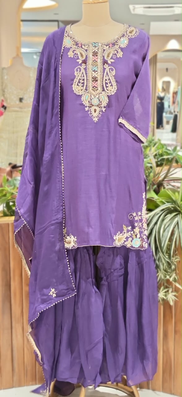 Zardozi Placket Structured Mango Buti Embroidery Work Full Suit Set With Dupatta & Sharara Bottom- 16525