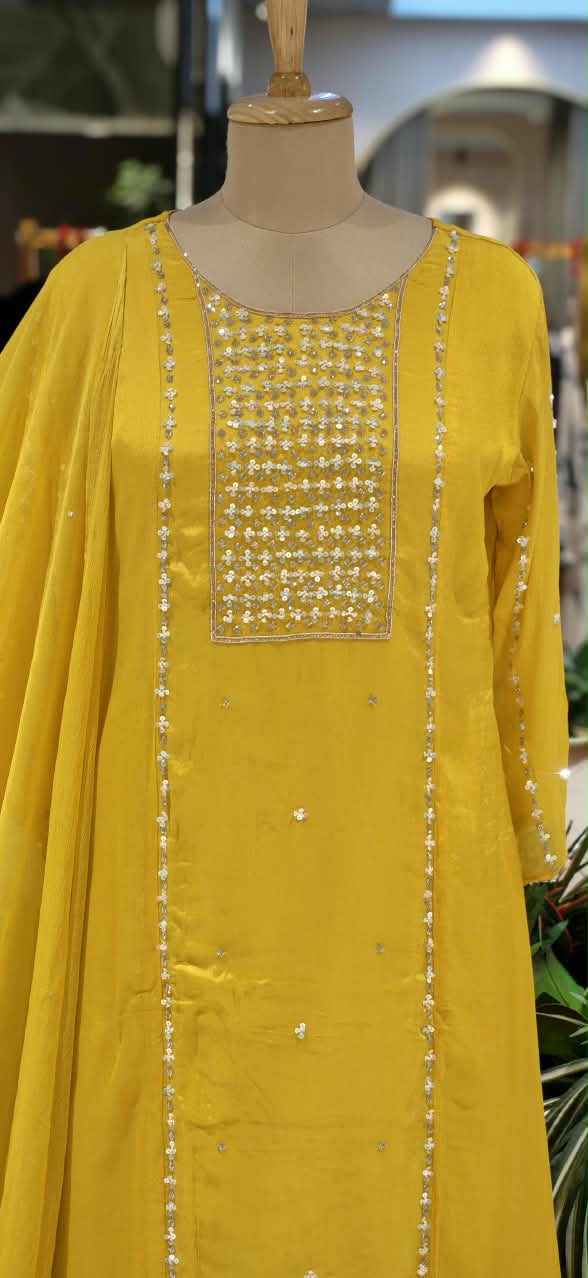 Elegant Tiny Sequin Crafted Chinon A-Line Palazzo Full Suit Set With Dupatta- 16527
