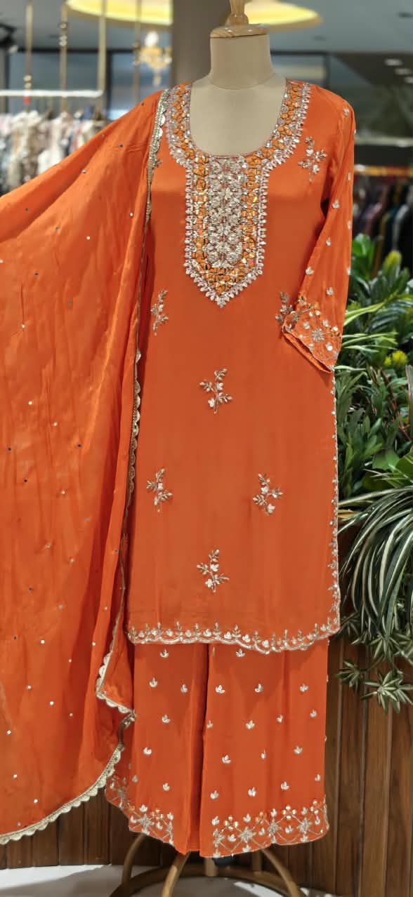 Heavy Sequin Embroidery Work Vibrant Blunt Orange Chinon Palazzo Full Suit Set With Dupatta- 16526