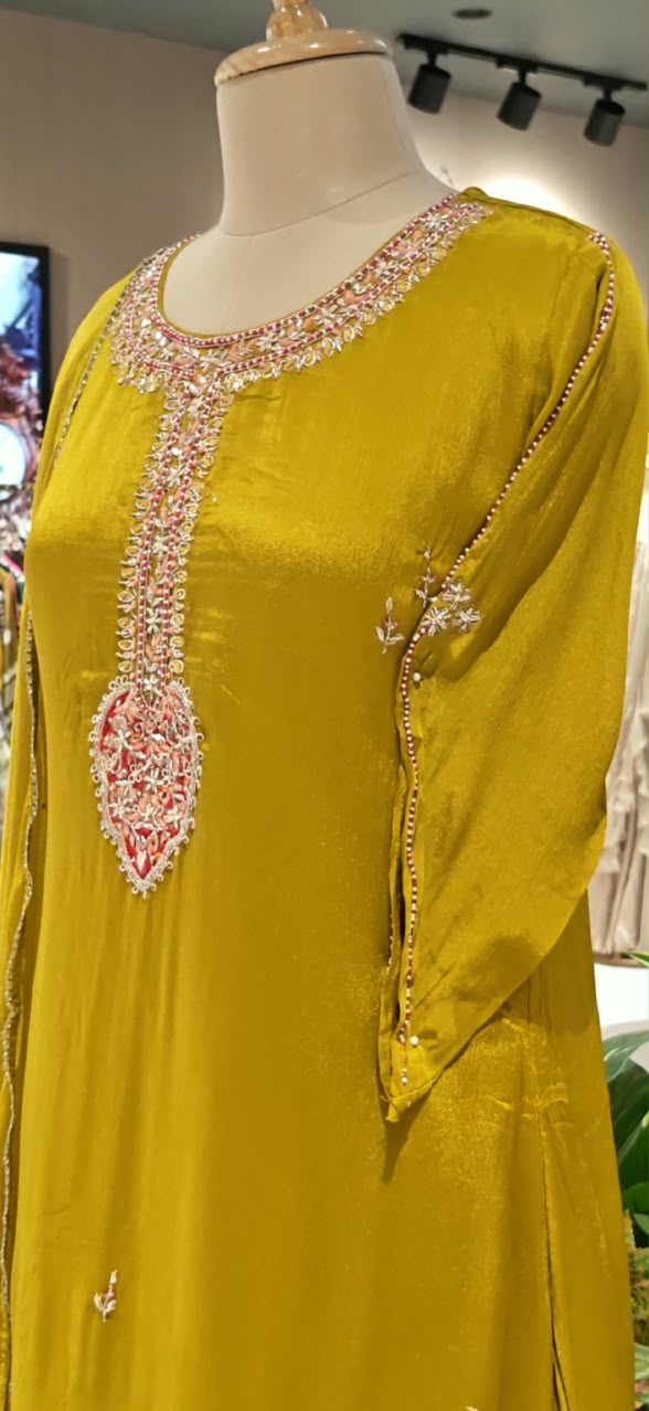 Candleian Intricate Neck Embroidery With Beaded Sleeve Chinon A-Line Matching Full Suit Set With Dupatta- 16528