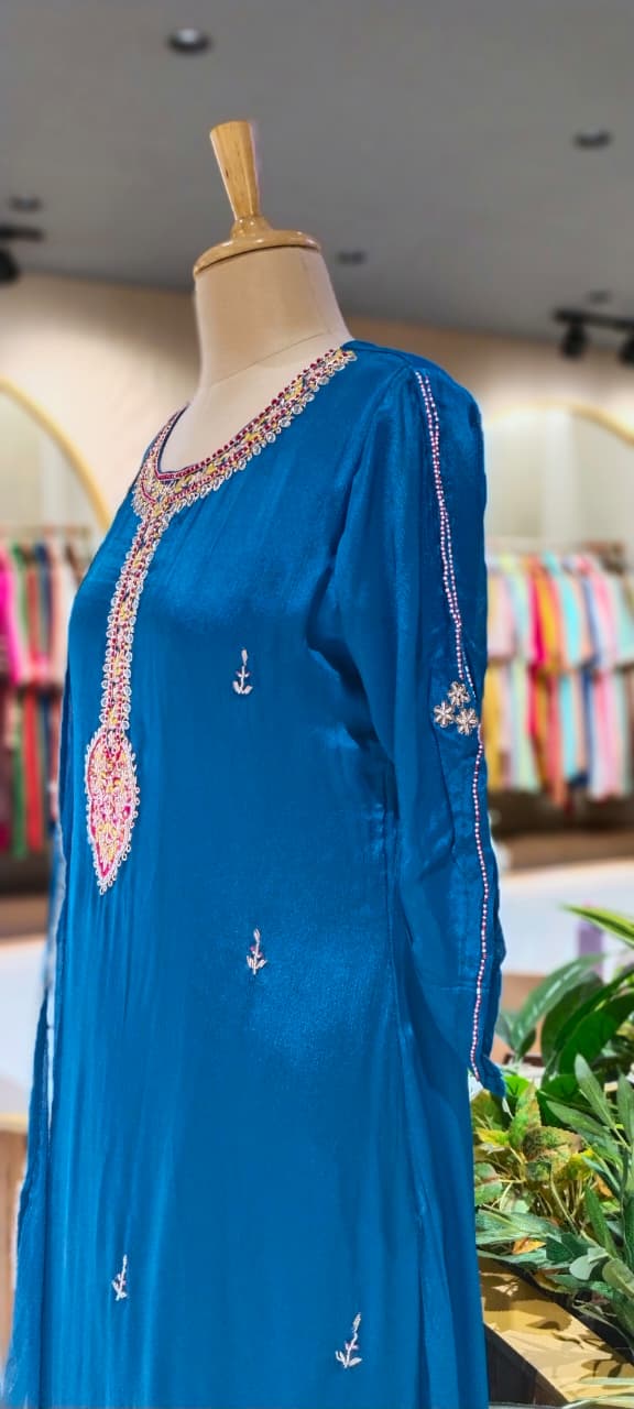 Candleian Intricate Neck Embroidery With Beaded Sleeve Chinon A-Line Matching Full Suit Set With Dupatta- 16528