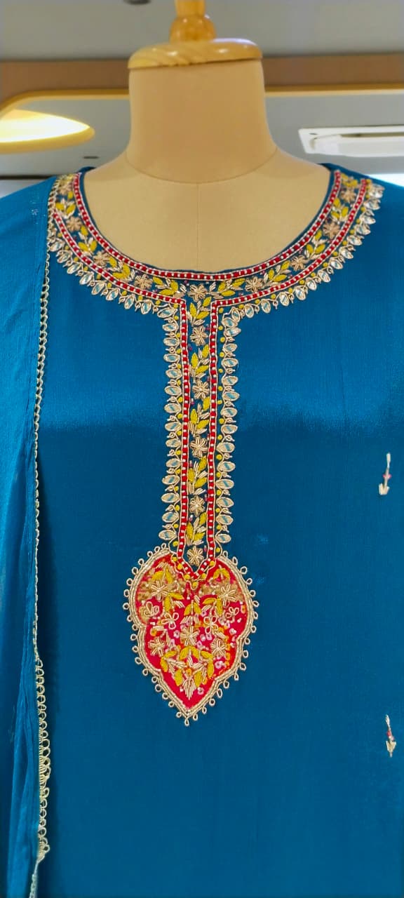 Candleian Intricate Neck Embroidery With Beaded Sleeve Chinon A-Line Matching Full Suit Set With Dupatta- 16528