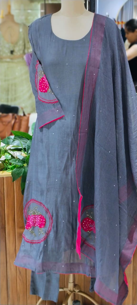 Strawberry Floral Patched Embroidery With Sequin Upwork A-Line Banarasi Mul-Chanderi Full Suit Set With Dupatta- 16530