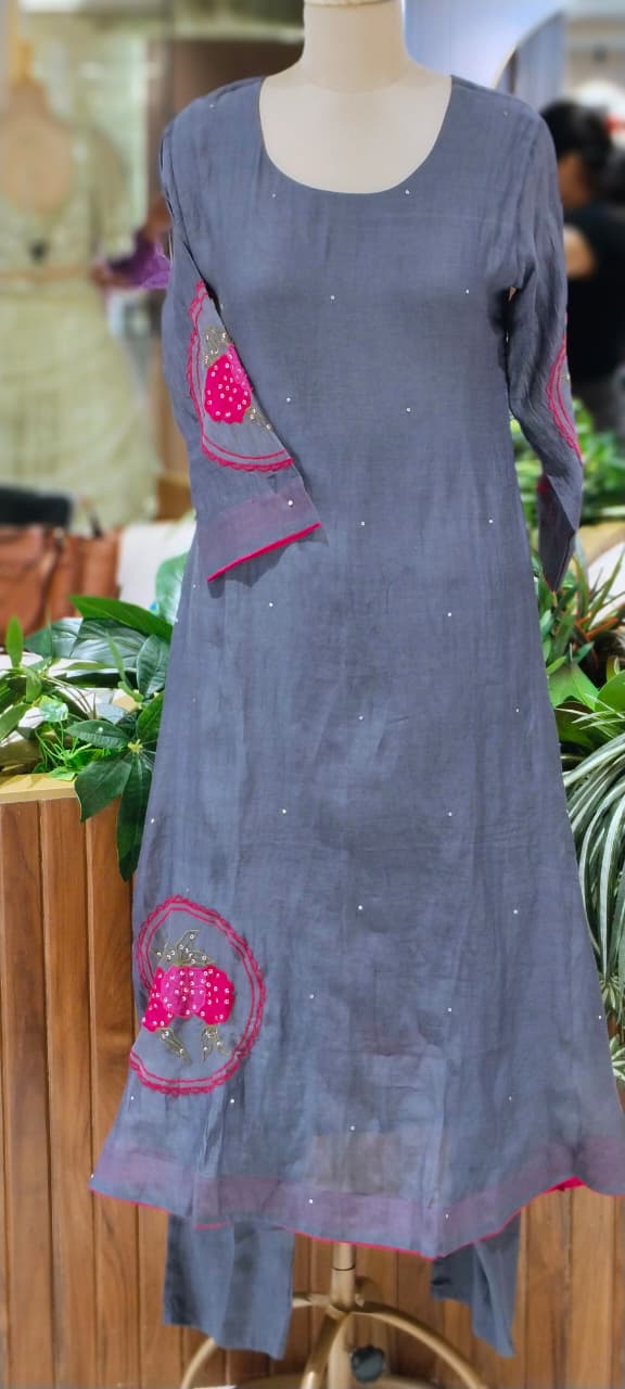 Strawberry Floral Patched Embroidery With Sequin Upwork A-Line Banarasi Mul-Chanderi Full Suit Set With Dupatta- 16530