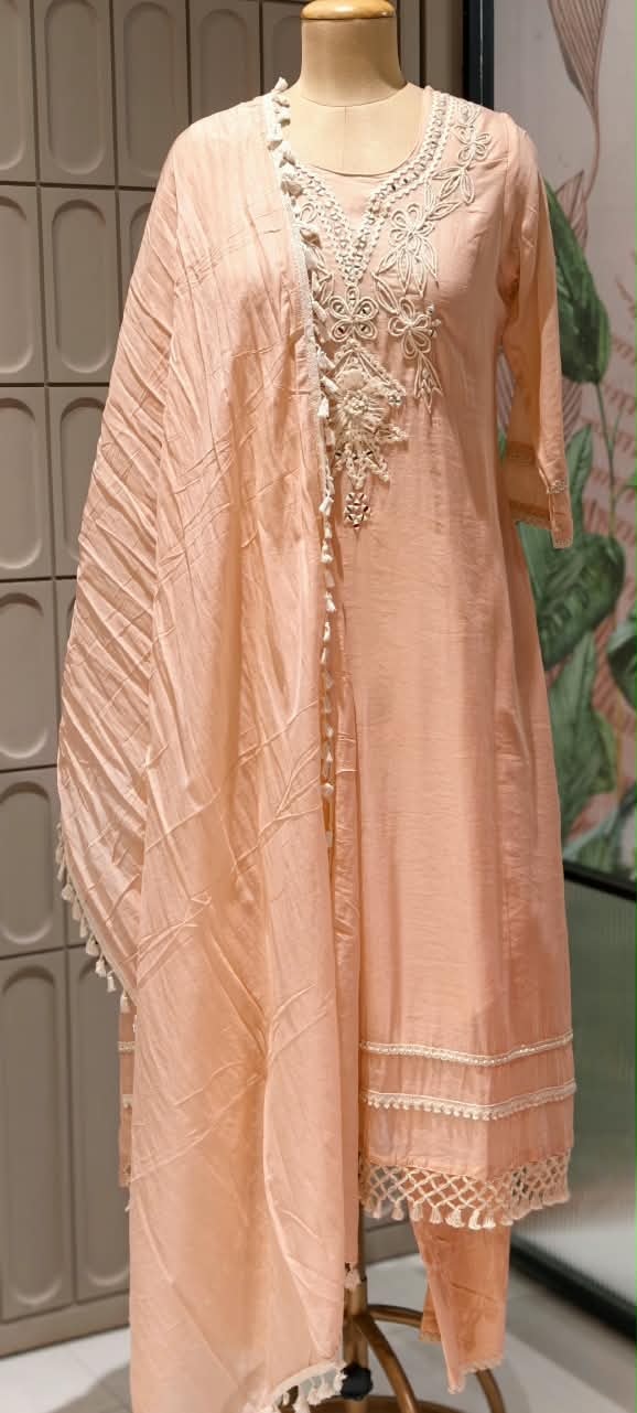 Crochet Dori Hand Embroidered With Real Mirror Touch Surat Mul-Chanderi Full Suit Set With Dupatta- 16424