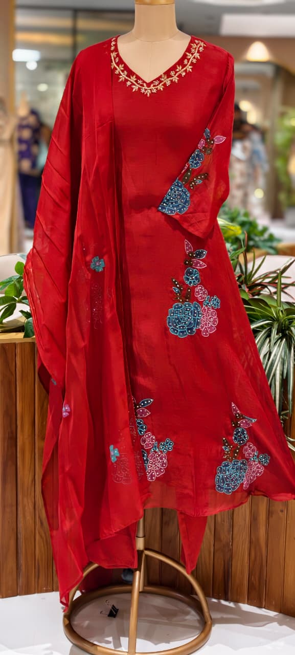 Colorful Floral Appliques Highlight Embroidered A-Line Mul-Chanderi Full Suit Set With Dupatta- 15945