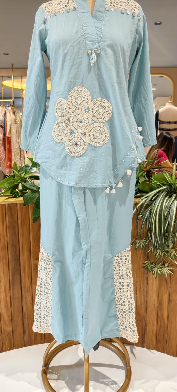 Crochet Lace Trimmed Coin Tassel Accent Cotton Boho Style Co-Ord Set- 16533