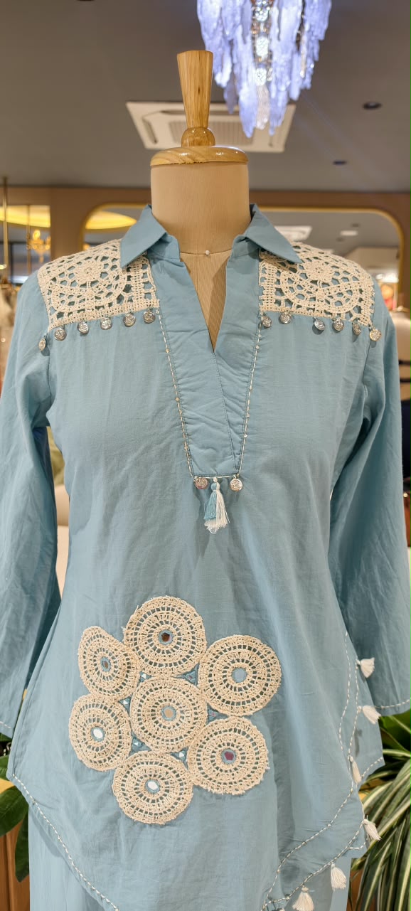 Crochet Lace Trimmed Coin Tassel Accent Cotton Boho Style Co-Ord Set- 16533