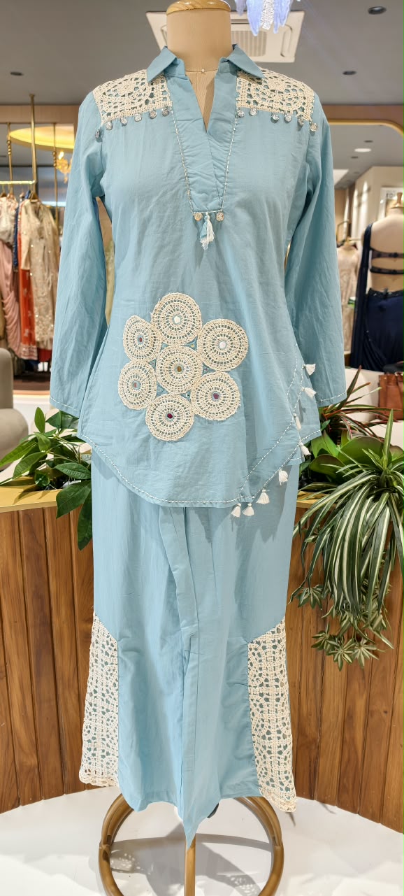 Crochet Lace Trimmed Coin Tassel Accent Cotton Boho Style Co-Ord Set- 16533