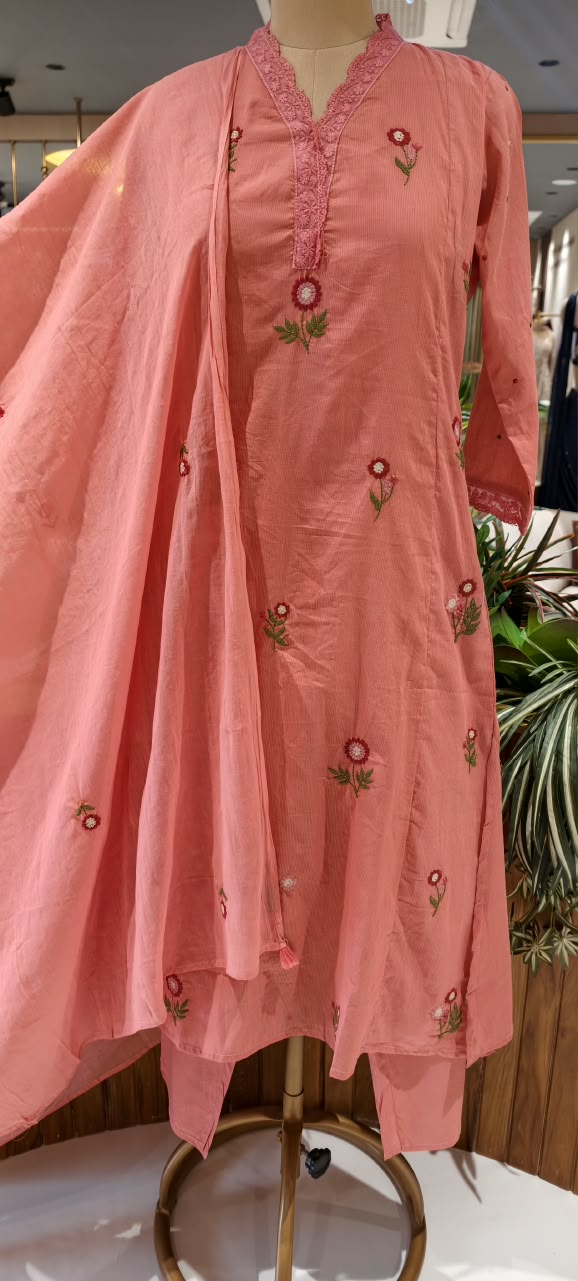 Lace Trimmed Neckline Floral Intricate Embroidery A-Line Sili Cotton Full Suit Set With Dupatta- 16531