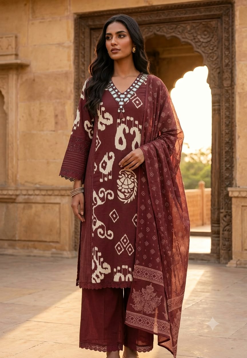 Ikkat Mango Buti Print Real Mirror Crosia Lace Borders Cotton Full Suit Set With Dupatta- 16532