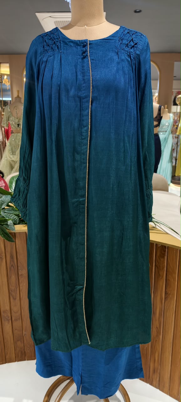 Dark Ombre Shade Pin Tucks Work Over Shoulder Kurta Pant Set- 16136