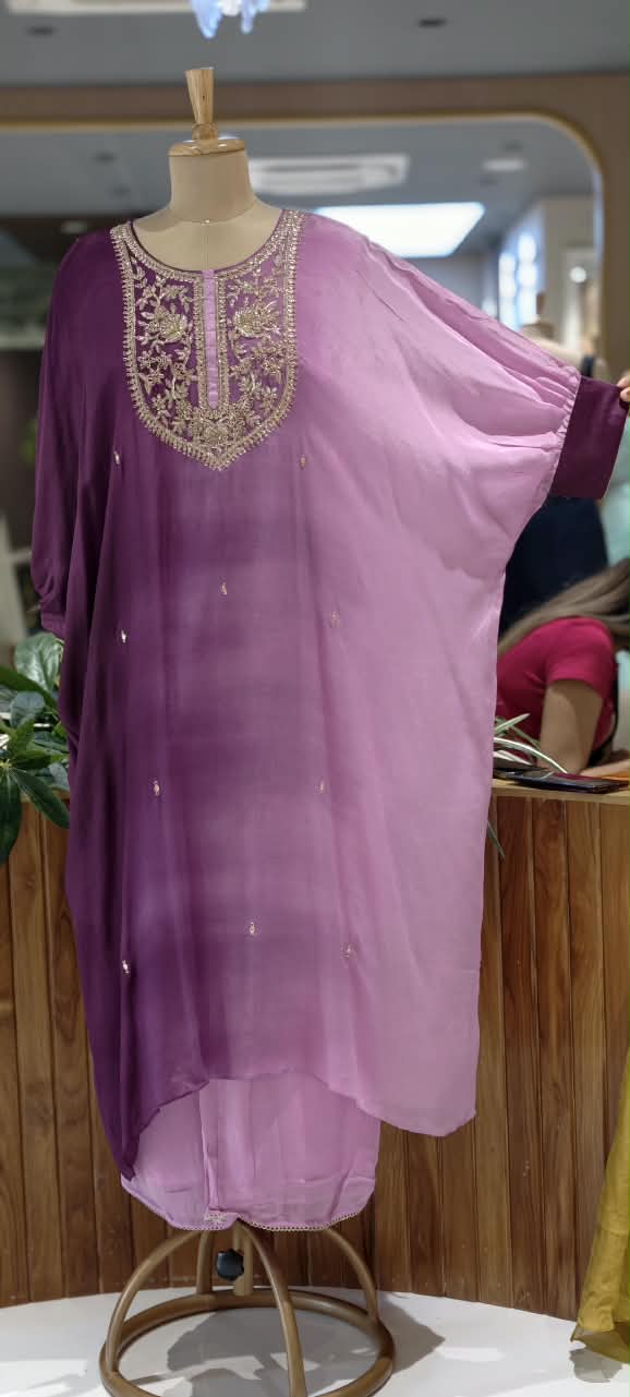 Ombre Elegance Embroidery Handwork Over Neck Chinon Kaftan With Matching Bottom- 15501