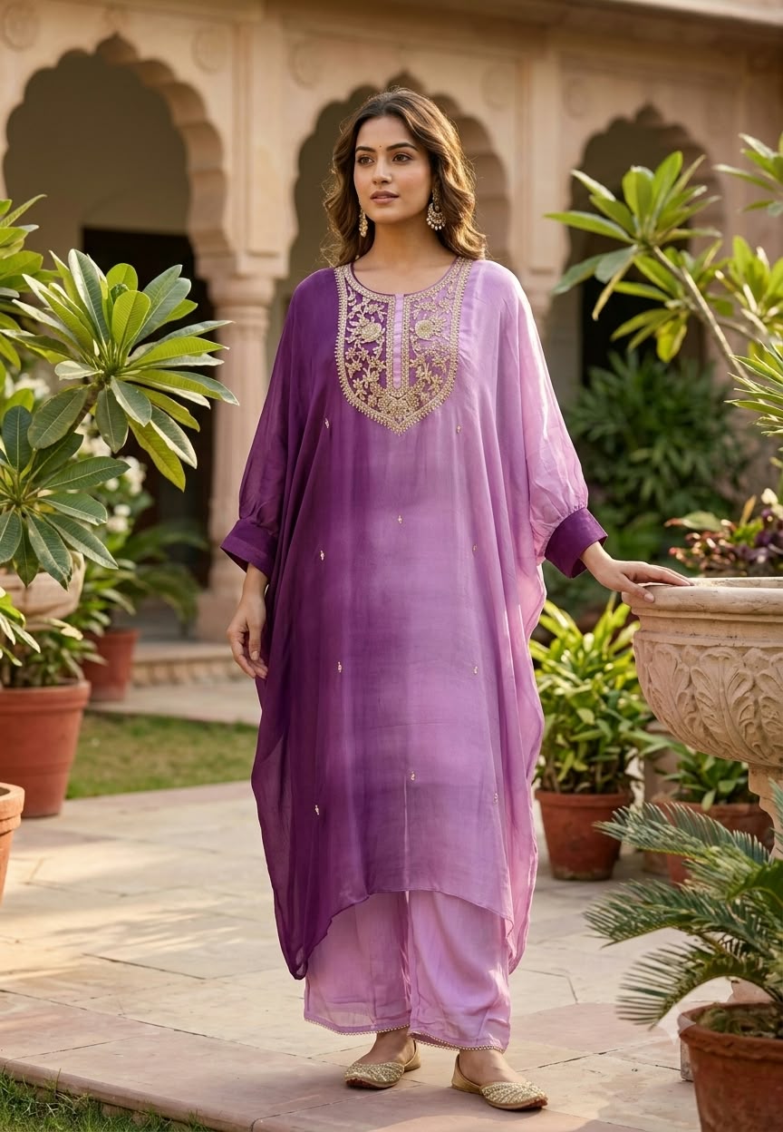 Ombre Elegance Embroidery Handwork Over Neck Chinon Kaftan With Matching Bottom- 15501