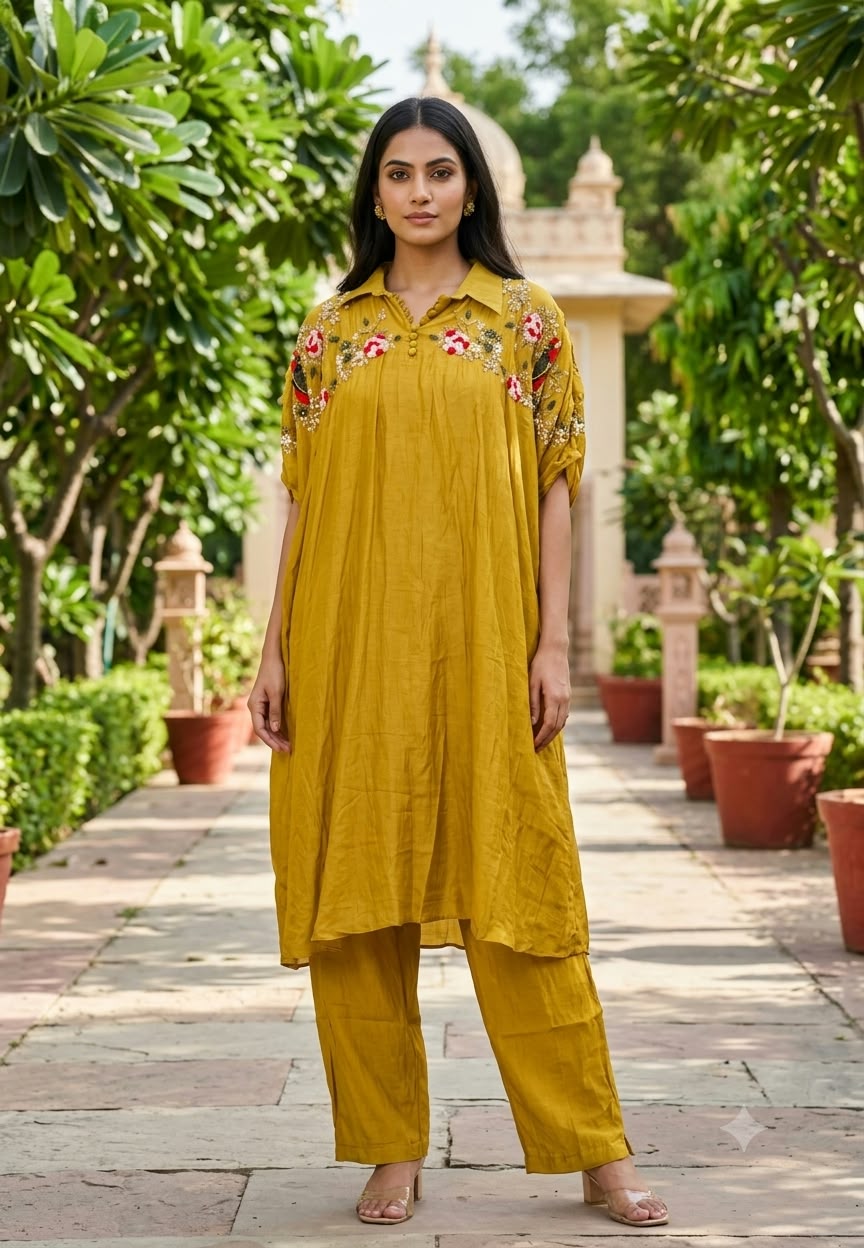 Cute Tiny Floral Highlights Over Shoulder Mul-Chanderi Kurta Pant Set- 16302
