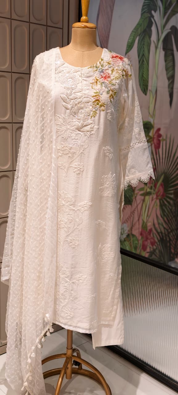 Ivory Cut-Dana Embellished 3D Floral Embroidered Premium Cotton Full Suit Set With Dupatta- 15191