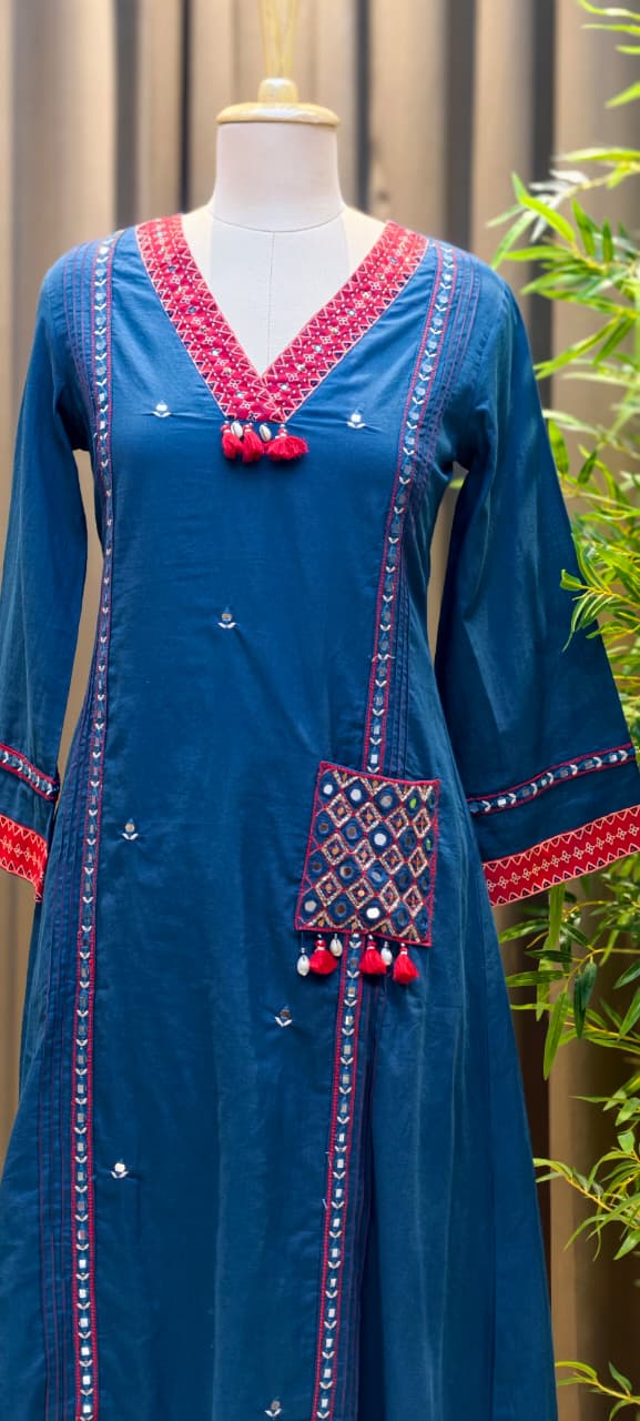 Boho Tassel Accent Pocket Style Cotton A-Line Full Suit Set With Dupatta- 15776