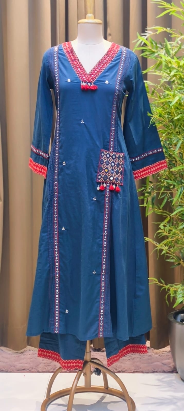Boho Tassel Accent Pocket Style Cotton A-Line Full Suit Set With Dupatta- 15776