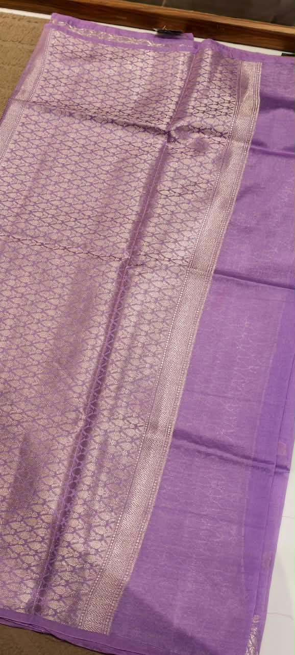Moonga Muslin Banarasi Silk Saree with Traditional Gold Zari Brocade and Floral Bootis- 16542